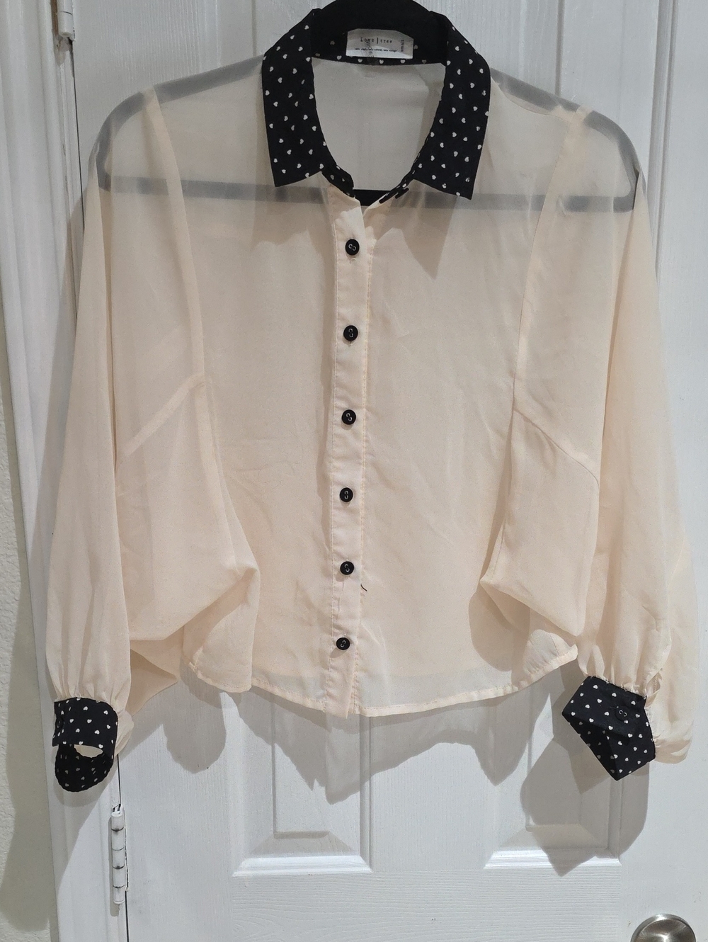 Love Tree Cream Semi-Sheer Button Down Blouse with Black Polka Dot Trim Size S
